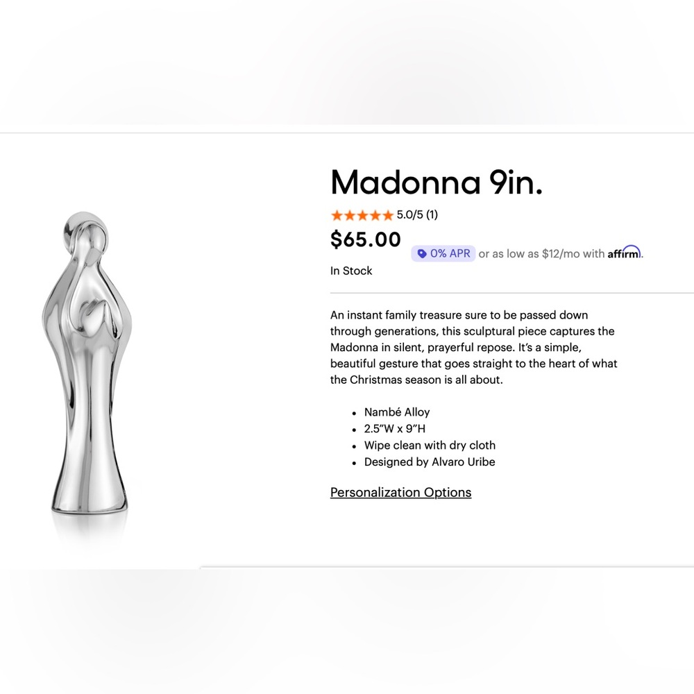 Nambe #MT0764 Medal Alloy Madonna Figurine Statue